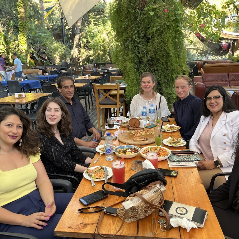 GRÓ GEST met with GEST alumni in Ramallah. From the left: Carmen Keshek (2018), Amira Khader (2018), Khaled Mansour (2011), Anna, Védís, Wala'a (2017), Wafa'a (2017).
