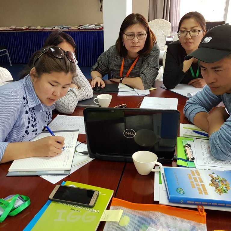 Working group working on a course project, facilitated by Oyuntuya Sharavjamts