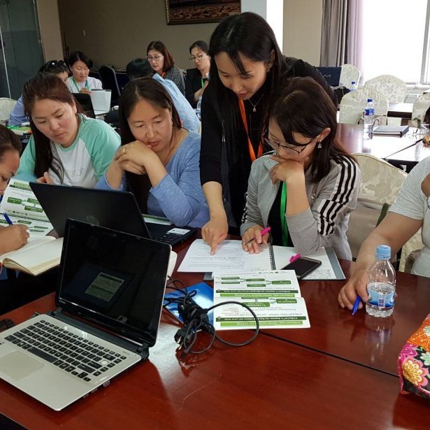 Working group working on a course project, facilitated by Burenjargal Otgonsuren