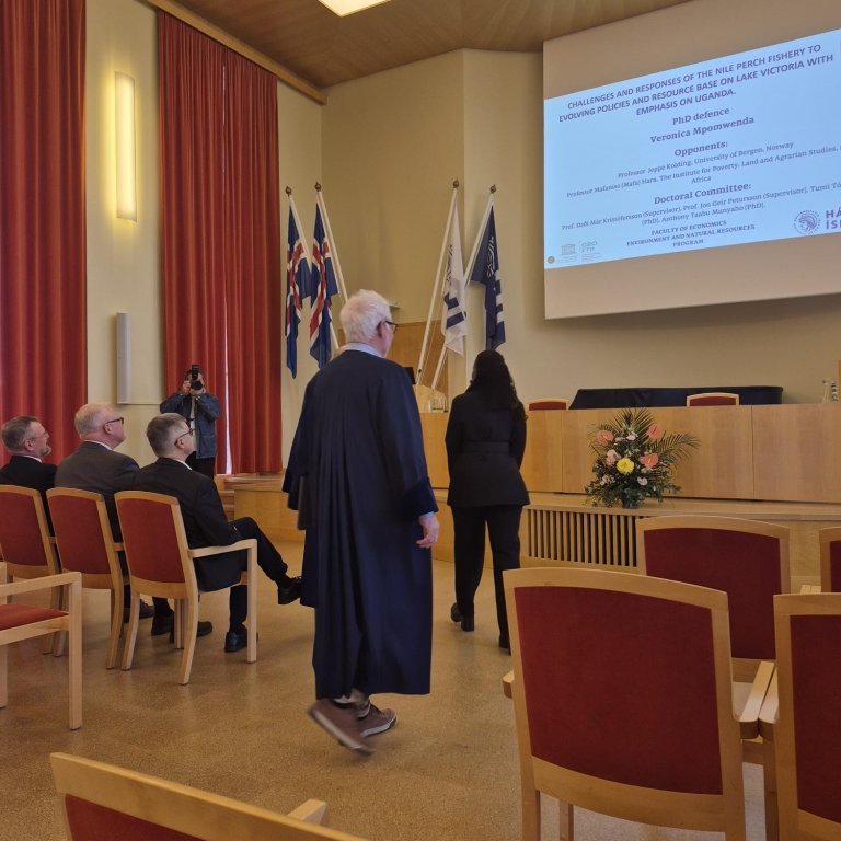 The PhD defence begins in the main hall at teh University of Iceland.