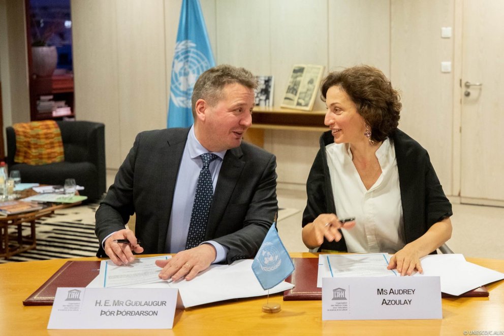 Minister for Foreign Affairs of Iceland Guðlaugur Þór Þórðarson and Director General of UNESCO Audre…
