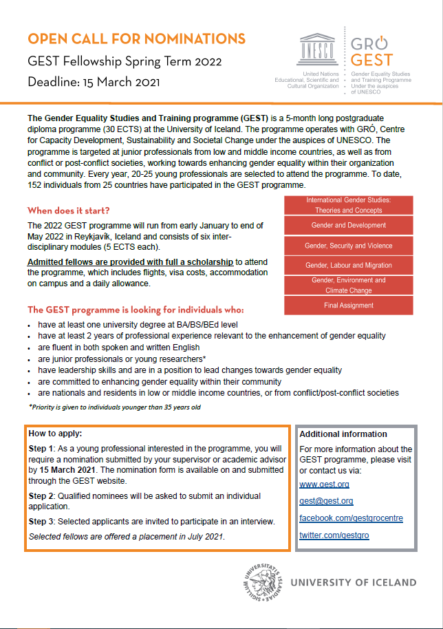 Extended Deadline for Nominations for the 2022 GEST Academic Programme