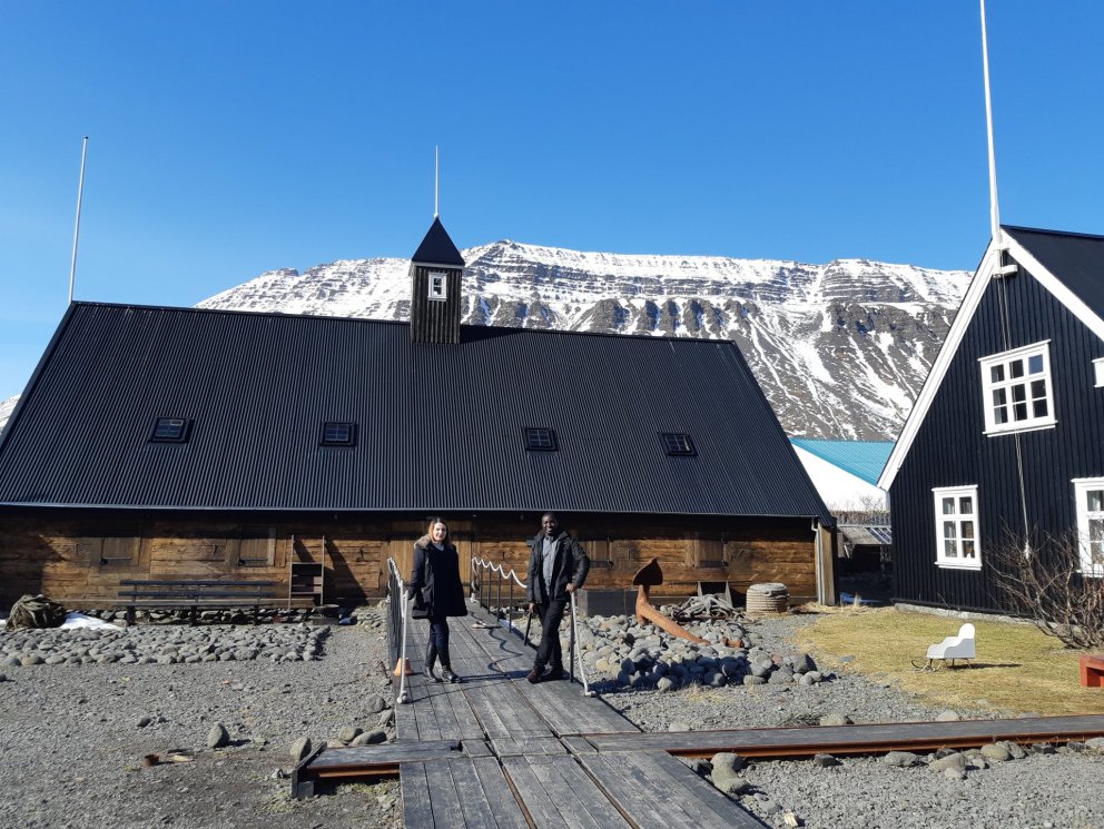 Hassan Waddimba and Irma Šiljak outside the West Fjords Folk Museum in Ísafjörður