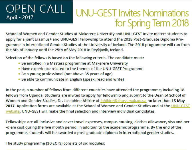 Open Call fellowships Makerere University and UNU-GEST