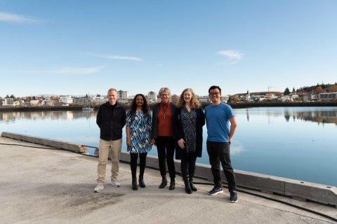 GRÓ-FTP team from the left, Stefán Úlfarsson, Warsha Sing, Agnes Eydal, Julie Ingham and Zaw Myo Win. Pictured outside the Marine and Freshwater Research Institute with the town of Hafnarfjörður in the background.