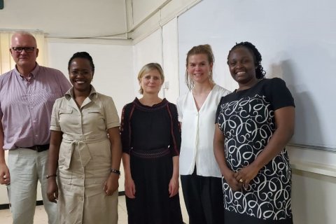 From left: Jón Geir Pétursson, Assistant Professor at the University of Iceland, Dr. Sarah Ssali, Dean of the School of Women and Gender Studies at Makerere, Dr. Irma Erlingsdóttir, Director of GRÓ GEST and Professor at the University of Iceland, Anna Guðrún Aradóttir, Project Manager at GRÓ GEST, Stella Tereka, GRÓ GEST PhD fellow at the University of Iceland, in collaboration with Makerere University. 