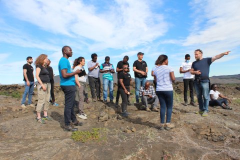 The fellows in Dimmuborgir with their guide, Daði Lange Friðriksson