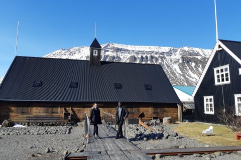 Hassan Waddimba and Irma Šiljak outside the West Fjords Folk Museum in Ísafjörður