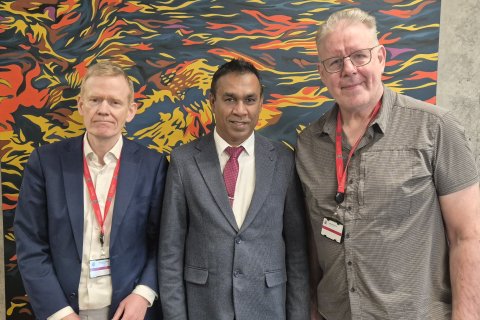 Dr. B.K. Kolitha Kamal Jinadasa (centre) visiting GRÓ FTP in Feb 2026 with director Þór Heiðar Ásgeirsson (right) and specialist Stefán Úlfarsson (left).